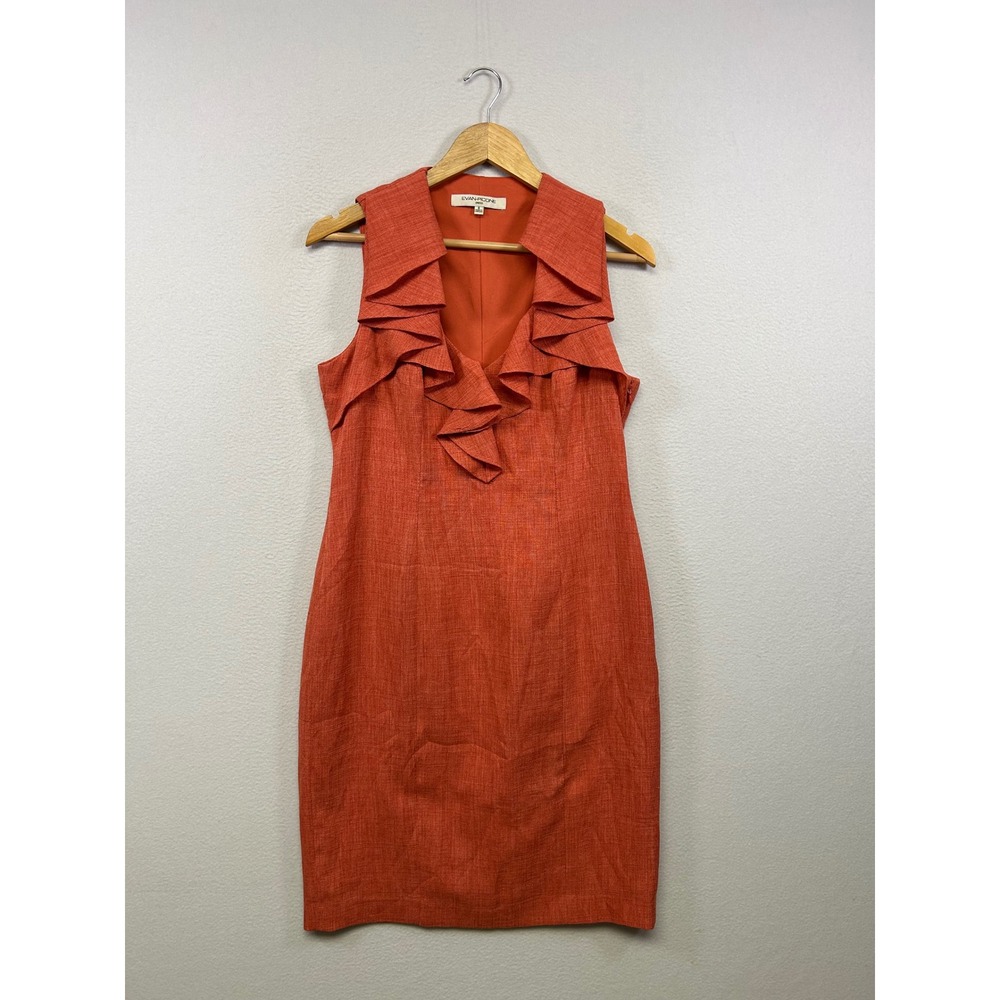 Evan-Picone Professional Ruffle V-Neck Womens 8 Orange Sleeveless Sheath Dress